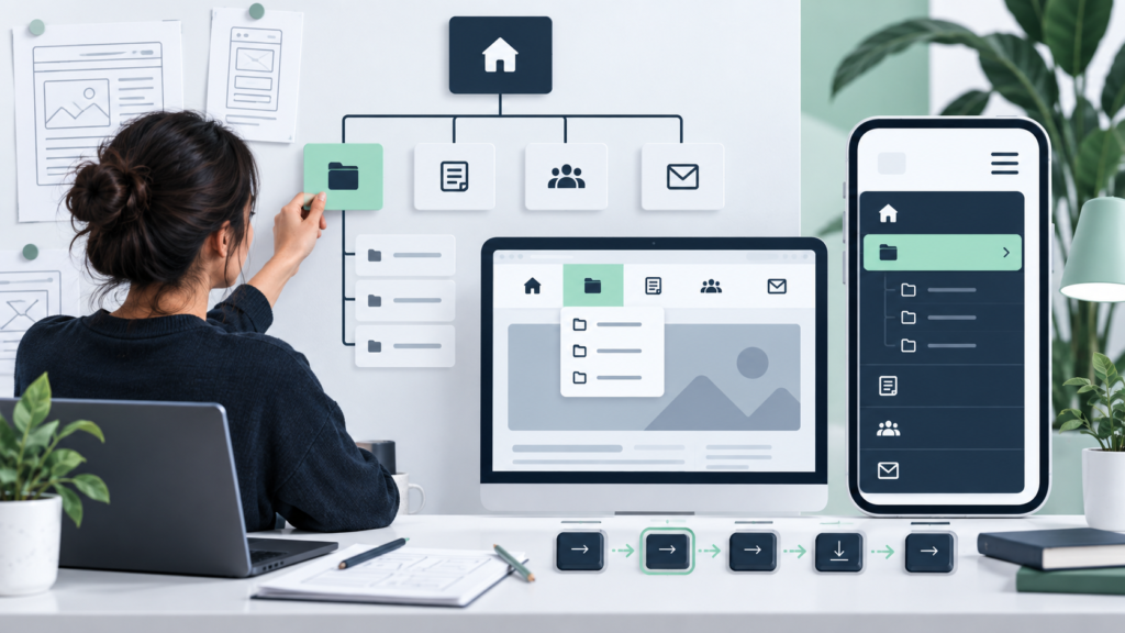 Designer planning clear desktop mobile and keyboard website navigation