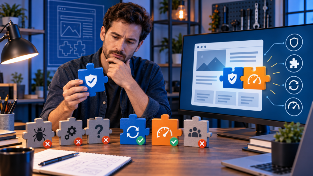 Site owner evaluating secure compatible and efficient website plugins