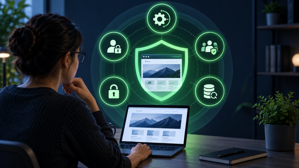 Administrator protecting a beginner WordPress website with layered security controls