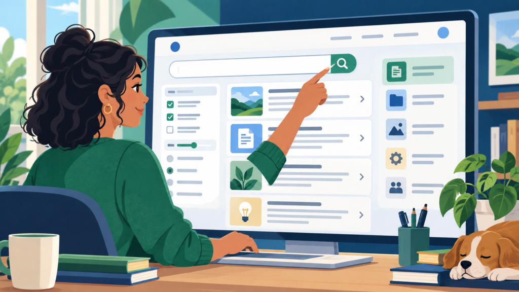 Visitor using a website search field to find organized WordPress articles and categories