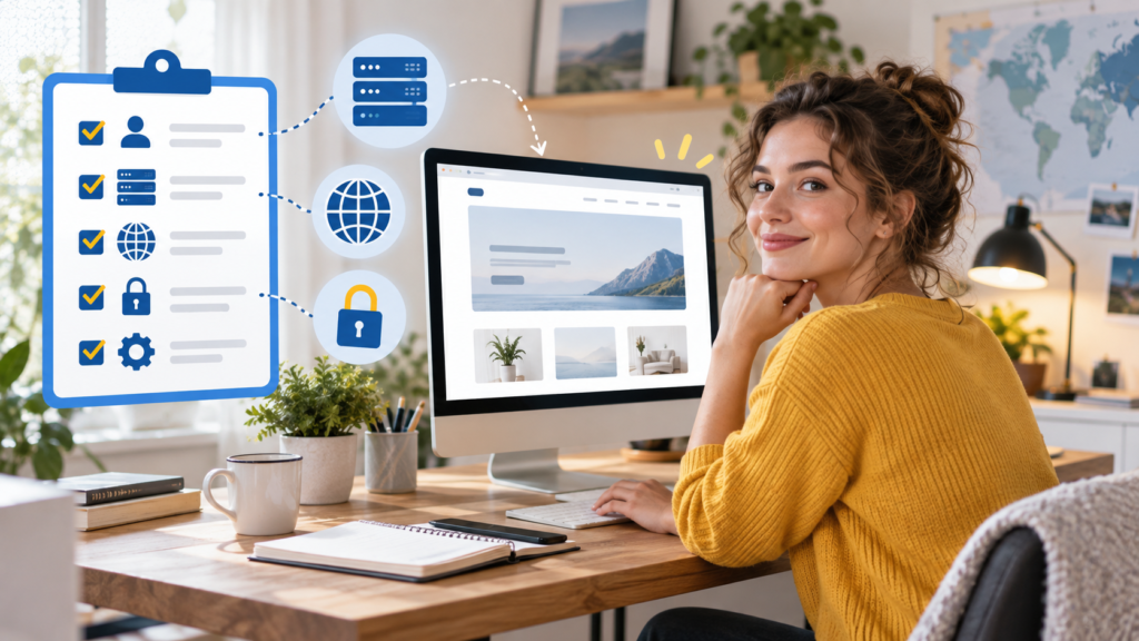 Beginner completing a secure WordPress website setup checklist